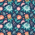 Vector seamless pattern with different flowers, leaves, berries on a blue background. pattern for printing on fabric, clothing, w